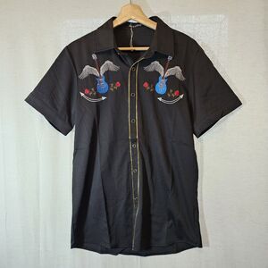 Atryone Mens Western Cowboy Embroidered Wings Guitar Black Shirt Gold Detail S ?